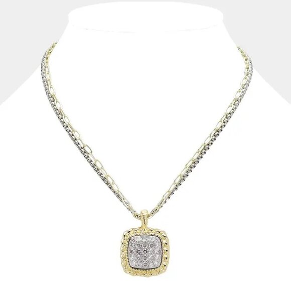 Stunning 14K Gold Plated CZ Stone Paved Square Pendant Necklace - Picture 2 of 4